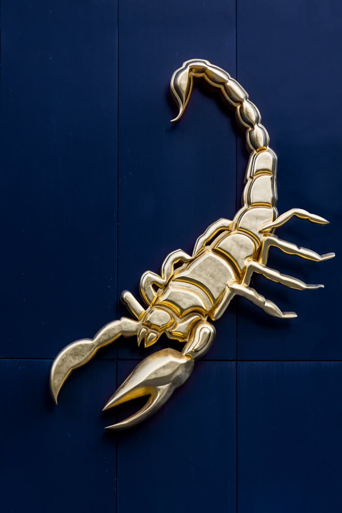 A striking golden scorpion figurine decorates a dark background, perfect for modern interiors.